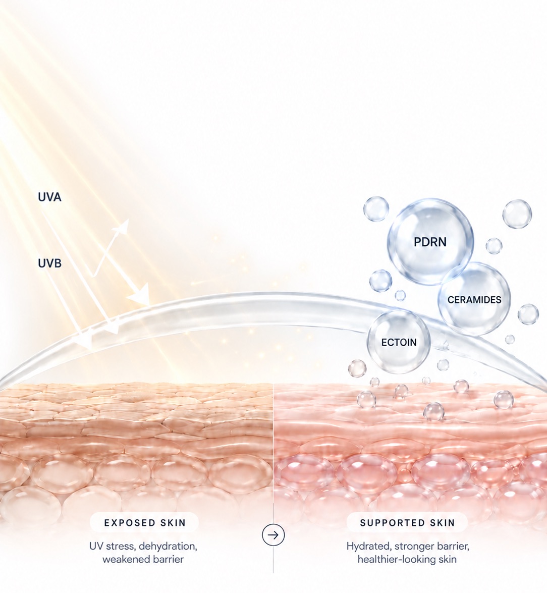 Illustration of skin under UVA and UVB rays: exposed skin showing UV stress, dehydration and a weakened barrier beside skin supported by PDRN, ceramides and ectoin, looking hydrated with a stronger barrier.